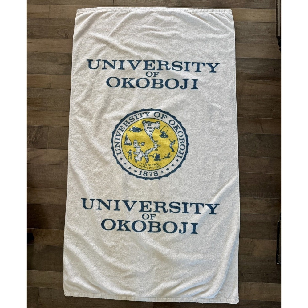 Vintage Promotional University of Okoboji Iowa Beach Towel Yellow/Blue 35" x 60"